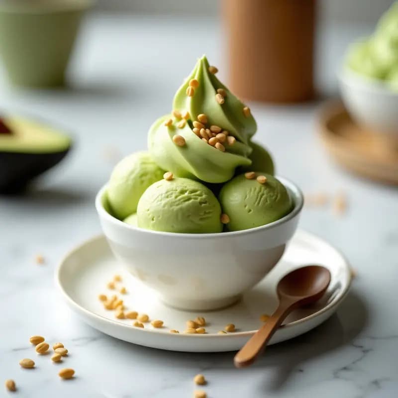 Copa de helado cremoso de color verde pálido, coronado con semillas de sésamo tostado dorado. Fondo blanco con detalles minimalistas, destacando la textura suave y el contraste de colores del postre japonés sin azúcar.