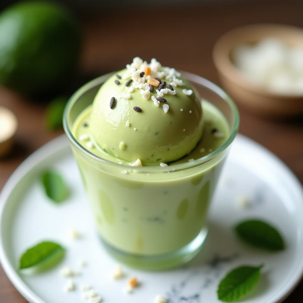 Copa de cristal con helado de aguacate y matcha vegano sin lactosa, de color verde suave y textura cremosa, decorado con coco rallado y semillas de chía sobre fondo blanco con hojas de menta.
