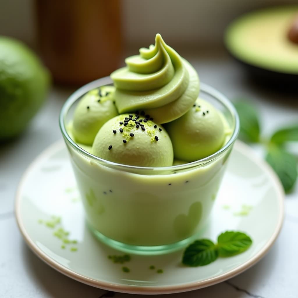 Copa de cristal transparente con helado de aguacate y matcha vegano sin azúcar, de color verde suave y textura cremosa, decorado con semillas de sésamo y una pizca de matcha en polvo. Fondo minimalista con hojas de menta.