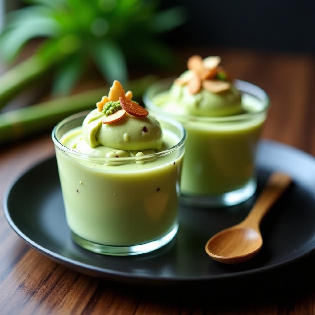 Copas de cristal transparente con helado de aguacate y wasabi de color verde crema, decorado con trozos de almendra tostada y un toque de pasta de wasabi en la superficie. Fondo minimalista con elementos japoneses como una cuchara de madera y hojas de bambú.