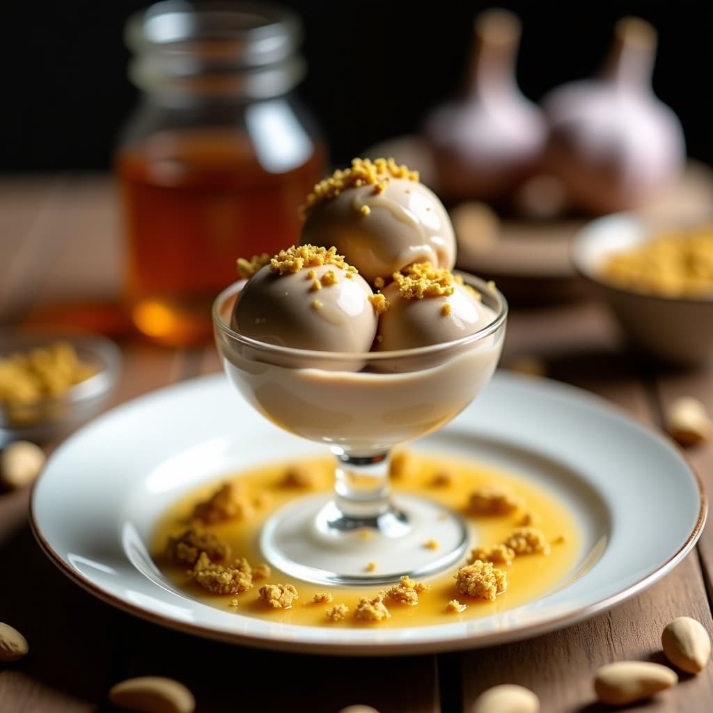 Copa de cristal con helado de ajo negro y miel, coronado con crujiente de pistacho dorado. Textura cremosa y color beige oscuro, con hilos de miel de romero y pistachos picados. Fondo borroso con ingredientes dispersos.