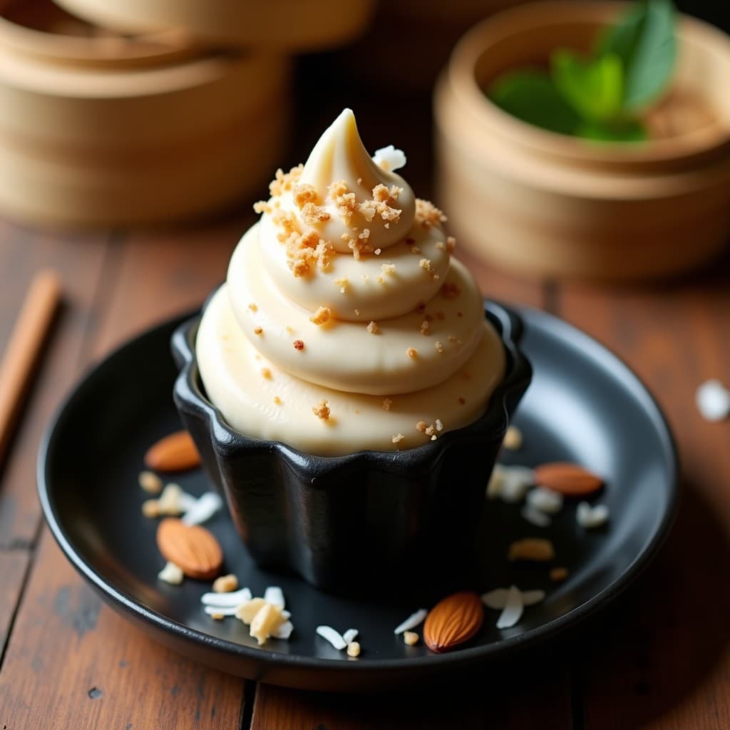 Helado de ajoba y pimienta de Sichuan servido en un cucurucho de barquillo negro, con virutas de coco y almendras tostadas, sobre un plato de cerámica oscura con fondo de mesa de madera rústica.