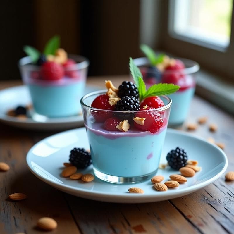 Helado de añil de color azul pálido servido en copas de cristal transparente, con topping de frutos rojos rojos vibrante y almendras fileteadas doradas. Postre español antioxidante y vegano, listo para servir.