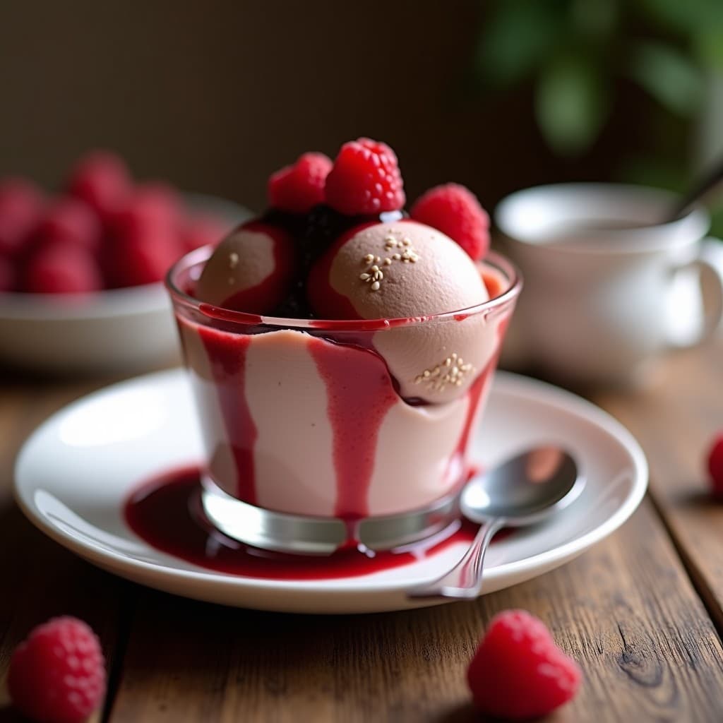 Copa de vidrio transparente con helado cremoso de arequipe y queso crema, coronado con salsa brillante de frutos rojos y frambuesas frescas. Fondo borroso con textura de mesa de madera rústica y cuchara de postre.