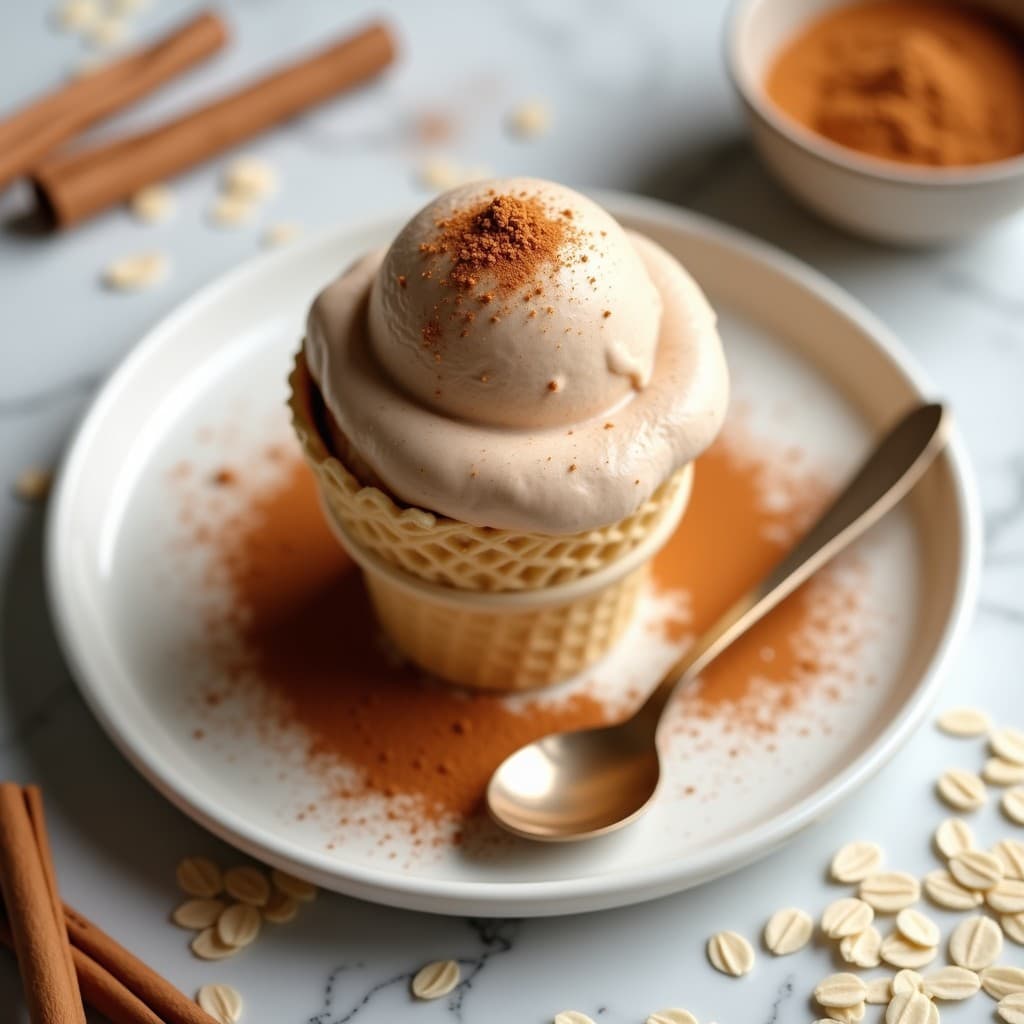 Cucurucho de barquillo relleno de helado de avena y canela vegano sin azúcar, con textura cremosa y espolvoreado de canela en polvo, sobre fondo blanco con copos de avena y una rama de canela.