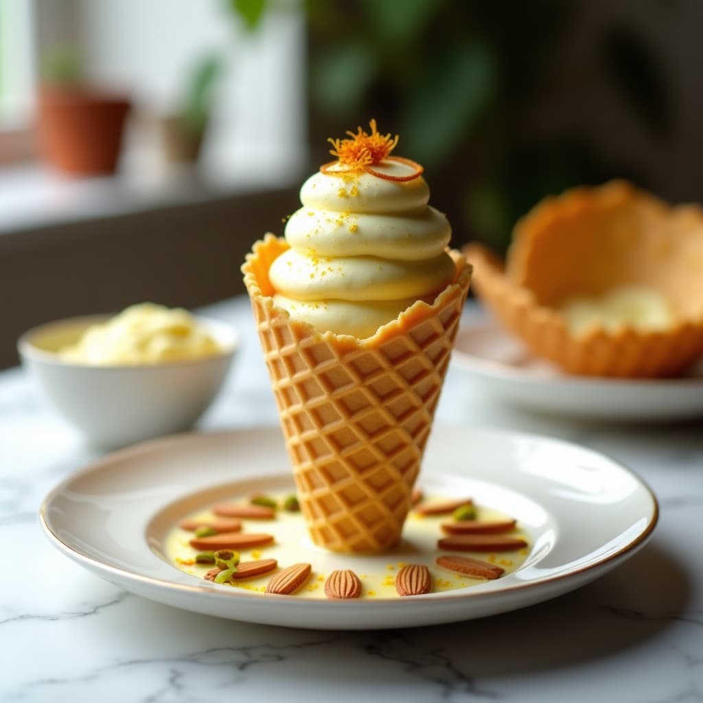 Cucurucho de barquilla dorada con helado de azafrán y cardamomo, color crema con vetas doradas, decorado con almendras fileteadas y pistachos picados sobre fondo blanco.