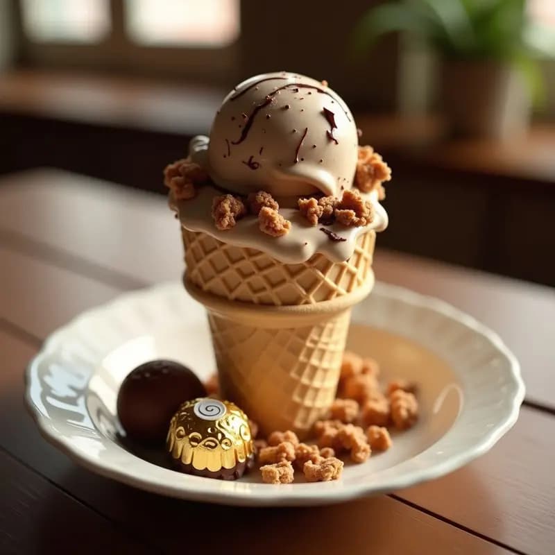 Cucurucho de helado casero relleno de helado cremoso de color beige con trozos visibles de biscuit, crema de avellano y Ferrero Rocher. En primer plano, un bol con más helado decorado con un Ferrero Rocher entero y salsa de chocolate espesa. Fondo desenfocado con textura crujiente y colores cálidos.