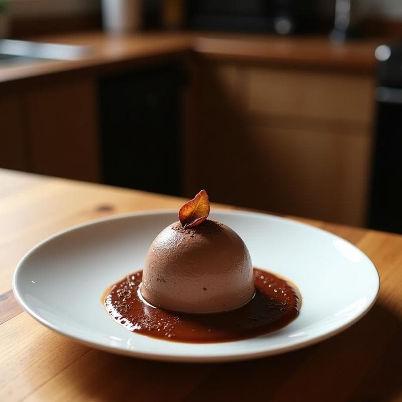 Cucurucho de barquillo con helado de cacao puro y puré de boniato, textura cremosa y color marrón oscuro, decorado con virutas de cacao y coco rallado sobre fondo rústico de madera.