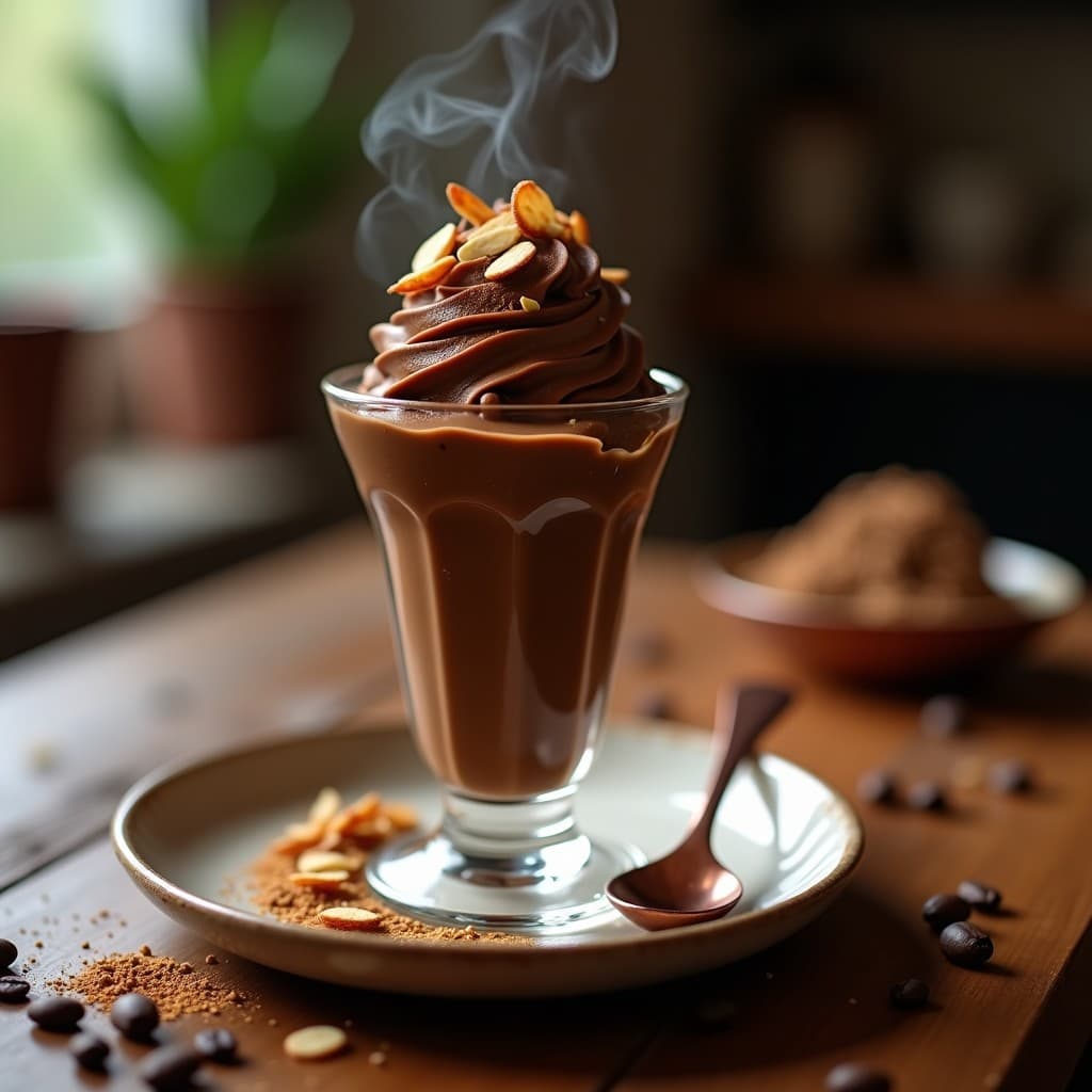 Copa de cristal transparente con helado de café arábica y Virginia, textura ultracremosa y color marrón oscuro, decorado con almendras fileteadas tostadas y un polvo fino de café y tabaco Virginia espolvoreado por encima. Fondo difuminado con tonos cálidos y detalles de granos de café y hojas de tabaco.
