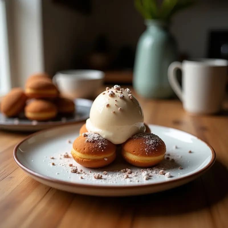 Copa de cristal transparente con helado de café cremoso, coronado por buñuelos de cacao dorados y humeantes. Contraste frío-caliente en postre colombiano fusion, fondo oscuro para resaltar colores.