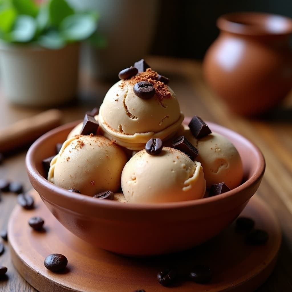 Helado de café de cascara y especias con trozos de chocolate 90% en un cuenco de barro rústico, decorado con virutas de chocolate y canela en polvo, sobre una mesa de madera con granos de café y especias al fondo.