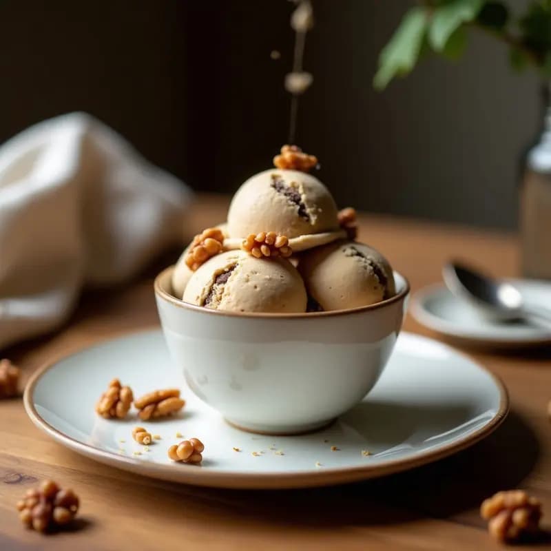 Copa de helado cremoso color marrón claro con vetas oscuras de café de chicoria, trozos de nogal tostado en la superficie y un toque de vainilla. Postre francés keto y sin cafeína servido en un plato blanco rústico con fondo de madera.