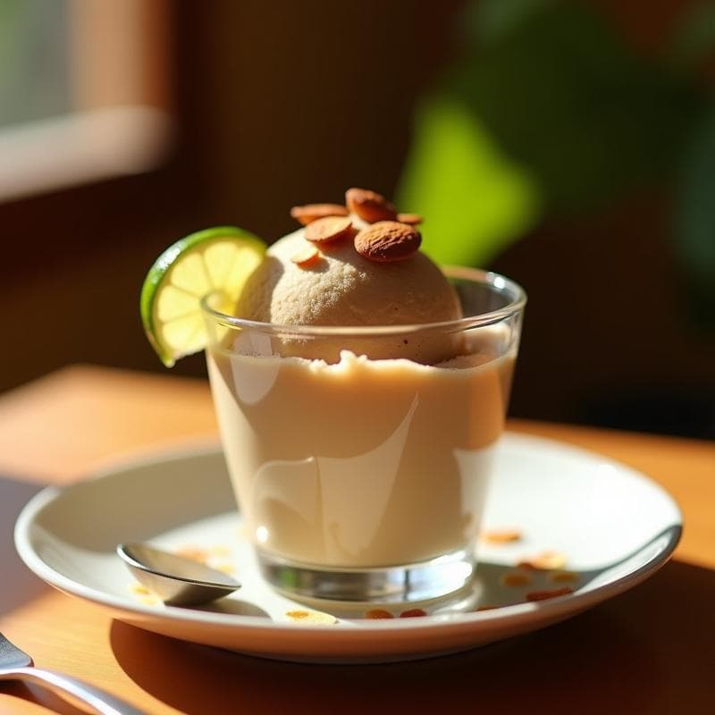 Helado cremoso de café cubano con vetas de daiquiri de ron, decorado con anacardos tostados y un hilo de ron, servido en copa de cristal con fondo de hojas de menta.