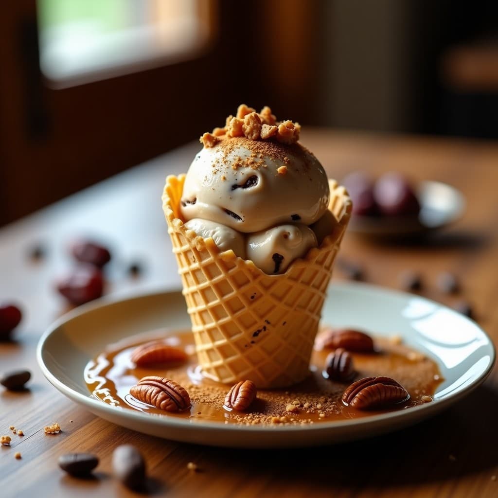 Cucurucho de helado vegano de color marrón claro con vetas oscuras de café, coronado con trozos crujientes de nueces pecanas tostadas. Fondo borroso con granos de café y dátiles enteros sobre una mesa de madera rústica.