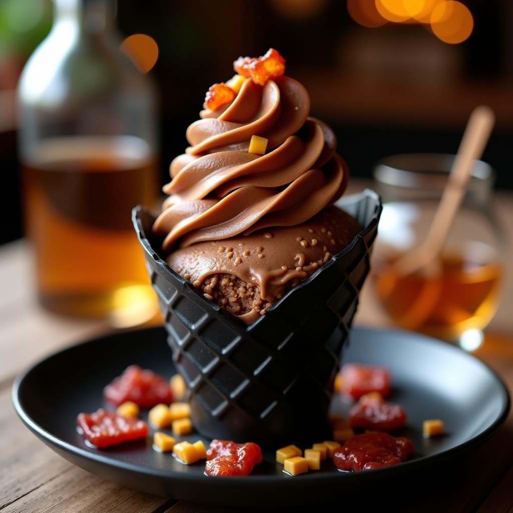 Cucurucho de helado artesanal de color café oscuro con vetas cremosas, trozos de bacon dorado crujiente y un toque de whisky. Presentado en un plato negro con fondo de madera rústica, ideal para postre de adultos sin horno.