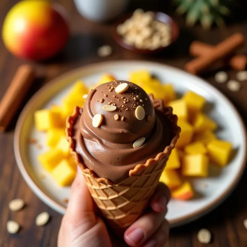 Cucurucho de helado artesanal de caoba y canela sin lácteos, decorado con trozos de mango, piña y almendras fileteadas sobre un fondo rústico de madera.