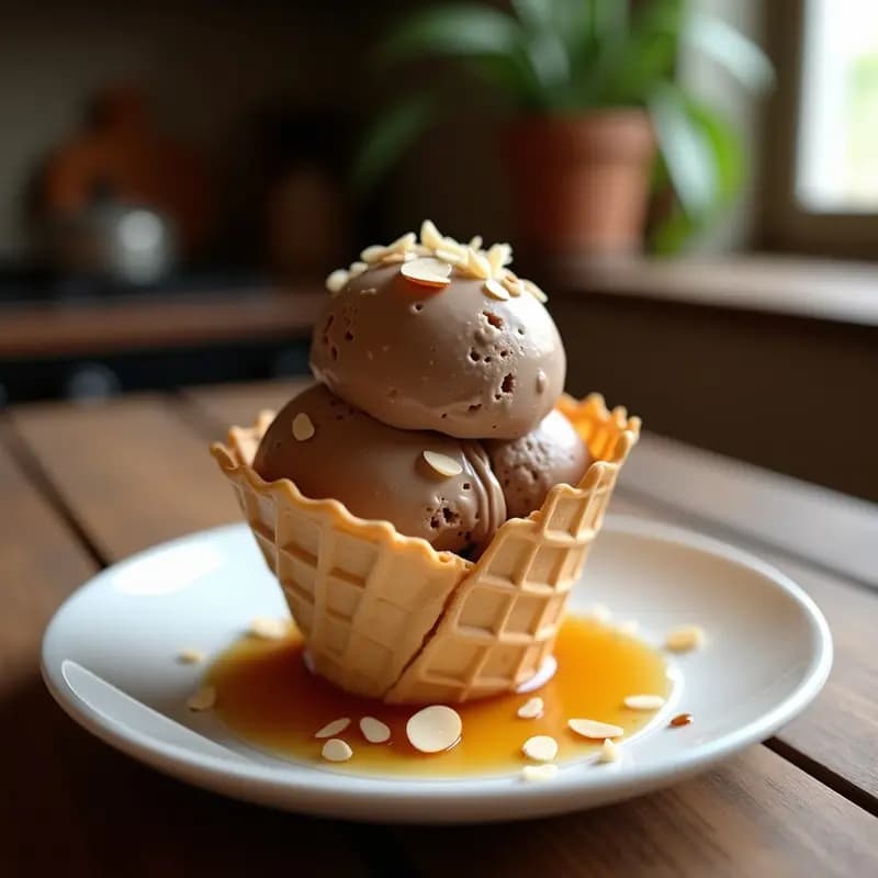 Cucurucho de helado cremoso de color marrón oscuro con vetas de sirope de arce dorado y almendras fileteadas, servido sobre un plato blanco con fondo rústico de madera. Postre colombiano sin lácteos.