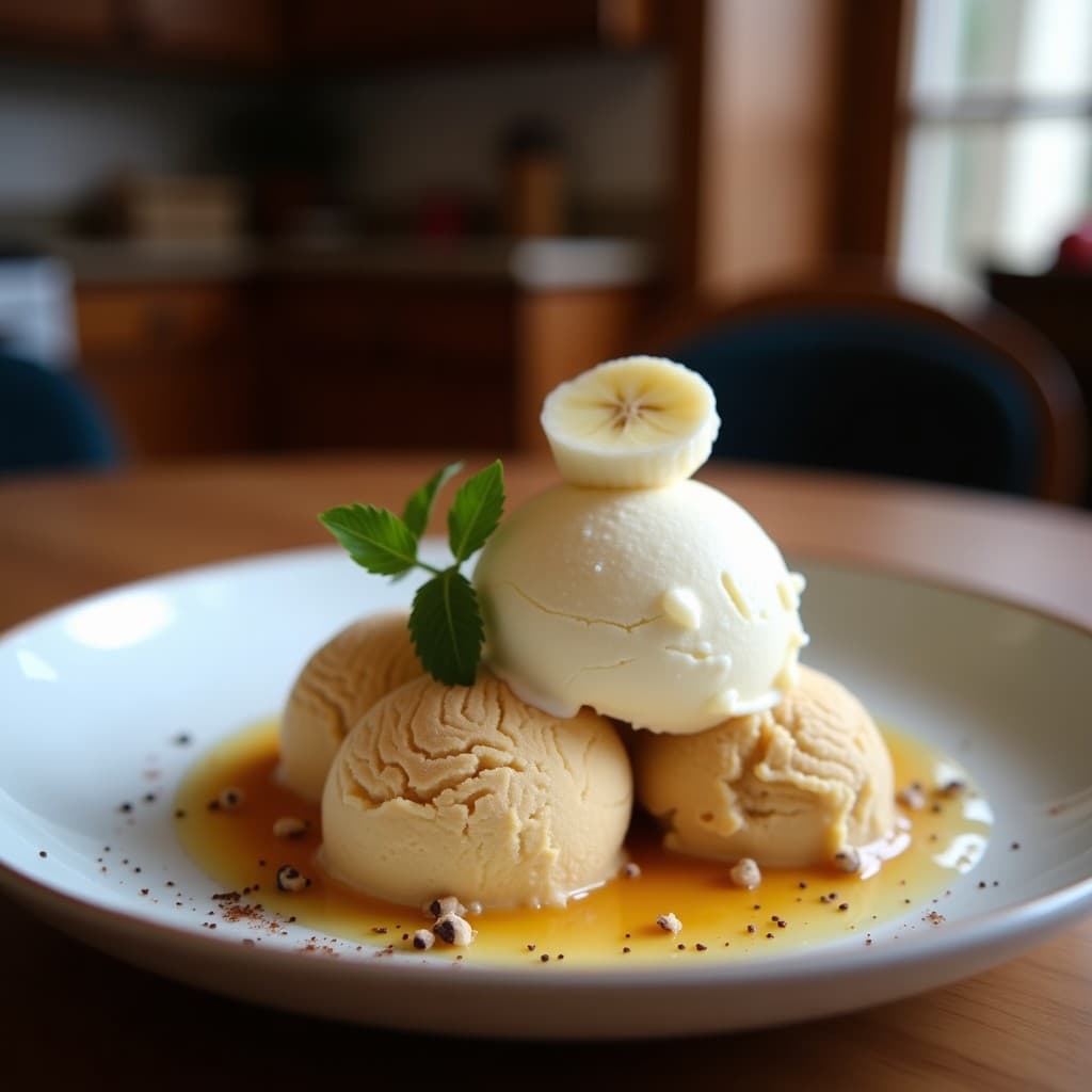 Copa de cristal con helado de caoba oscuro espolvoreado con sal marina en escamas, acompañado de una bola de helado de plátano cremoso y decorado con semillas de sésamo tostadas. Postre peruano vegano sin azúcar.