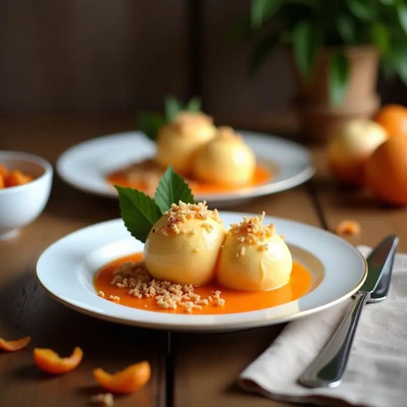 Copa de helado cremoso de color naranja intenso, coronado con crujiente de coco dorado y una rodaja de caqui fresco. Postre otoñal sin lácteos con toques de jengibre, servido sobre una mesa rústica con hojas de otoño al fondo.