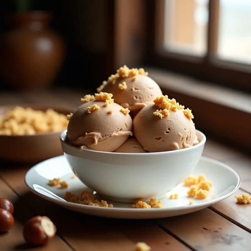 Helado cremoso de color marrón claro servido en un cuenco de cerámica blanca, decorado con trozos de avellanas tostadas y crujiente de quinoa dorada. Receta de postre keto sin lácteos.