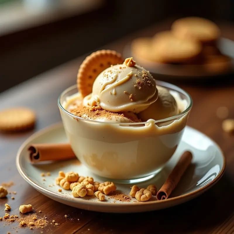 Helado cremoso de color beige claro en un cucurucho de barquilla, con trozos de galletas speculoos y almendras fileteadas por encima. De fondo, una taza de té chai humeante y especias enteras como cardamomo y canela en rama.