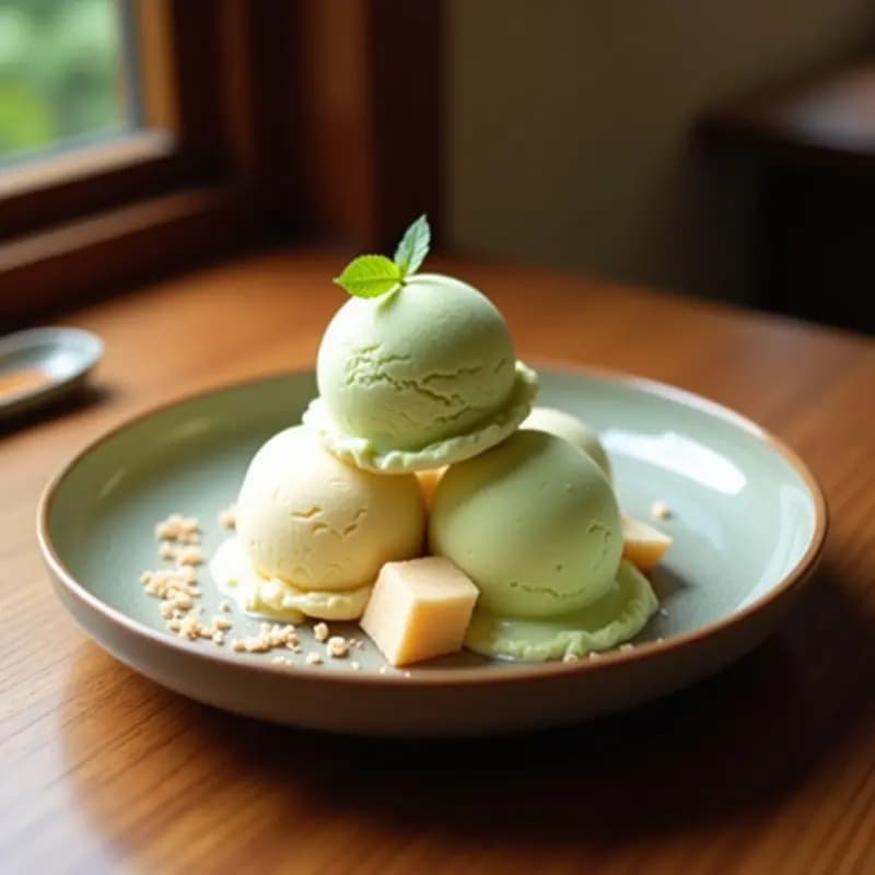 Copa de cristal con helado de coco y matcha de color verde pálido, salpicado de trozos de mochi blanco y verdoso, decorado con virutas de coco tostado y un espolvoreado de matcha en polvo sobre fondo rústico de madera.