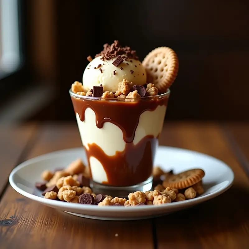 Helado de Cookie Dough con Pedazos de Galleta y Salsa de Chocolate Caliente