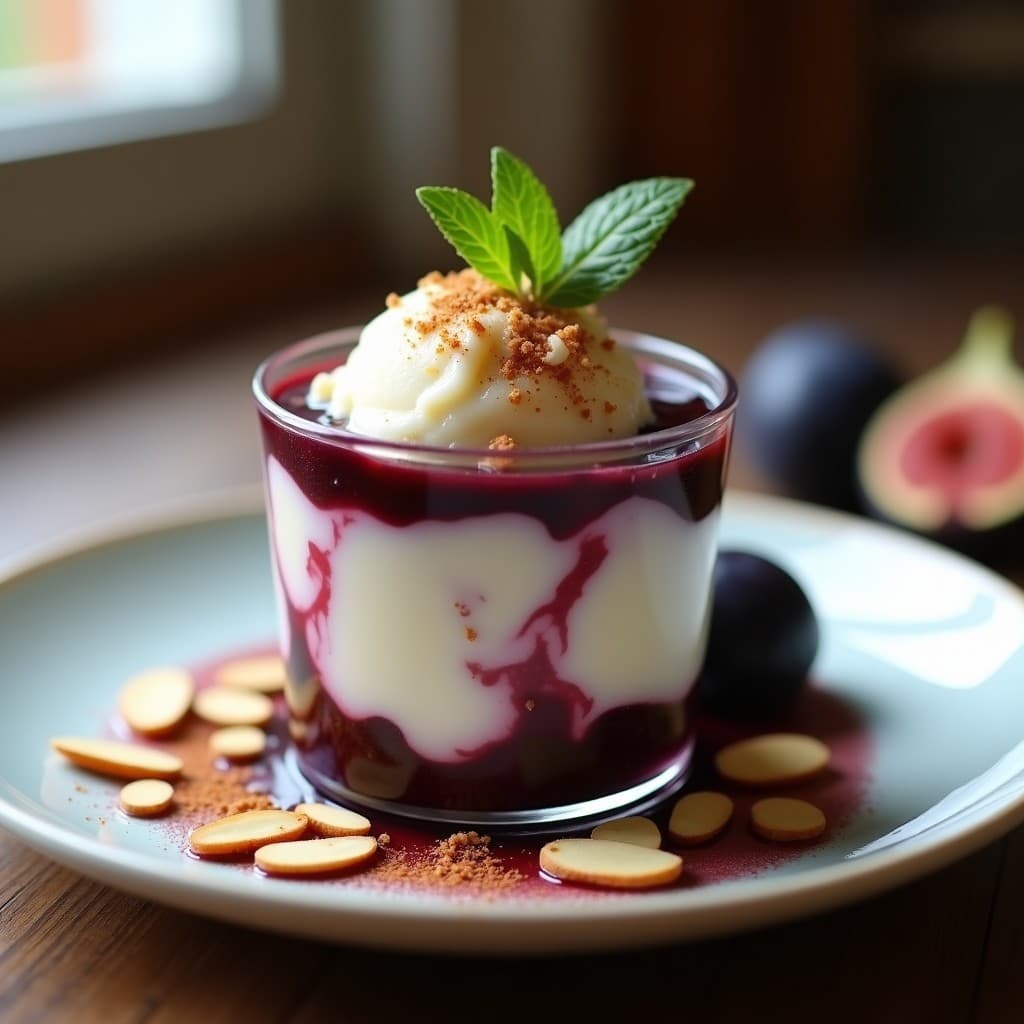 Helado vegano de cuajada de soja y mermelada de higo negro servido en copas de cristal transparente, con vetas oscuras de mermelada y almendras tostadas espolvoreadas. Postre español sin lácteos, cremoso y con textura marmoleada.