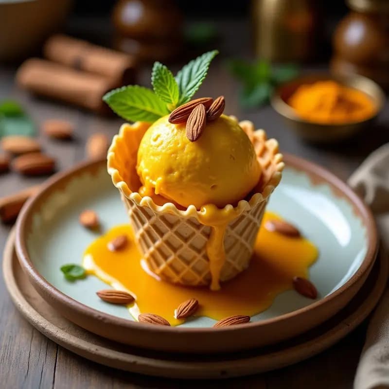Helado de cúrcuma y jengibre con caramelo de dátiles en un cucurucho de barquillo, decorado con almendras tostadas y un hilo dorado de caramelo. Fondo con especias indias y hojas de menta.