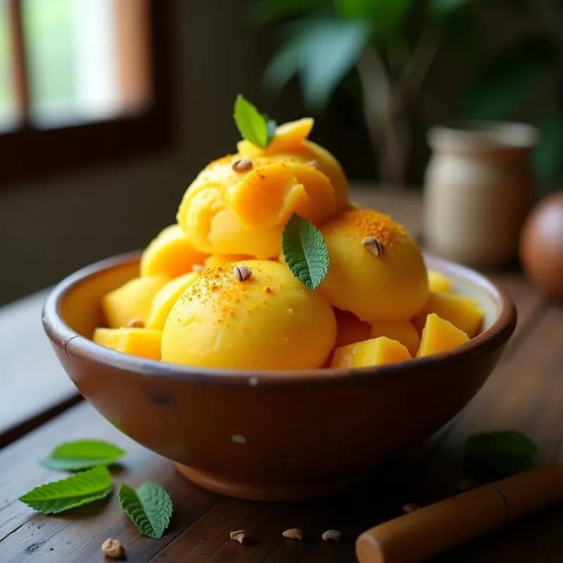 Cucurucho de helado artesanal de color dorado intenso, con vetas de mango y cúrcuma, decorado con coco rallado sin azúcar. Plato blanco rústico con fondo de madera oscura y hojas de menta.