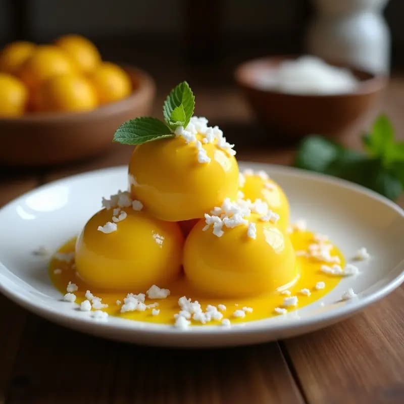 Copa de cristal transparente con helado de cúrcuma y mango de color amarillo dorado, coronado con virutas de coco tostado crujientes. Fondo con hojas de plátano y rodajas de mango fresco. Postre tailandés sin lácteos.