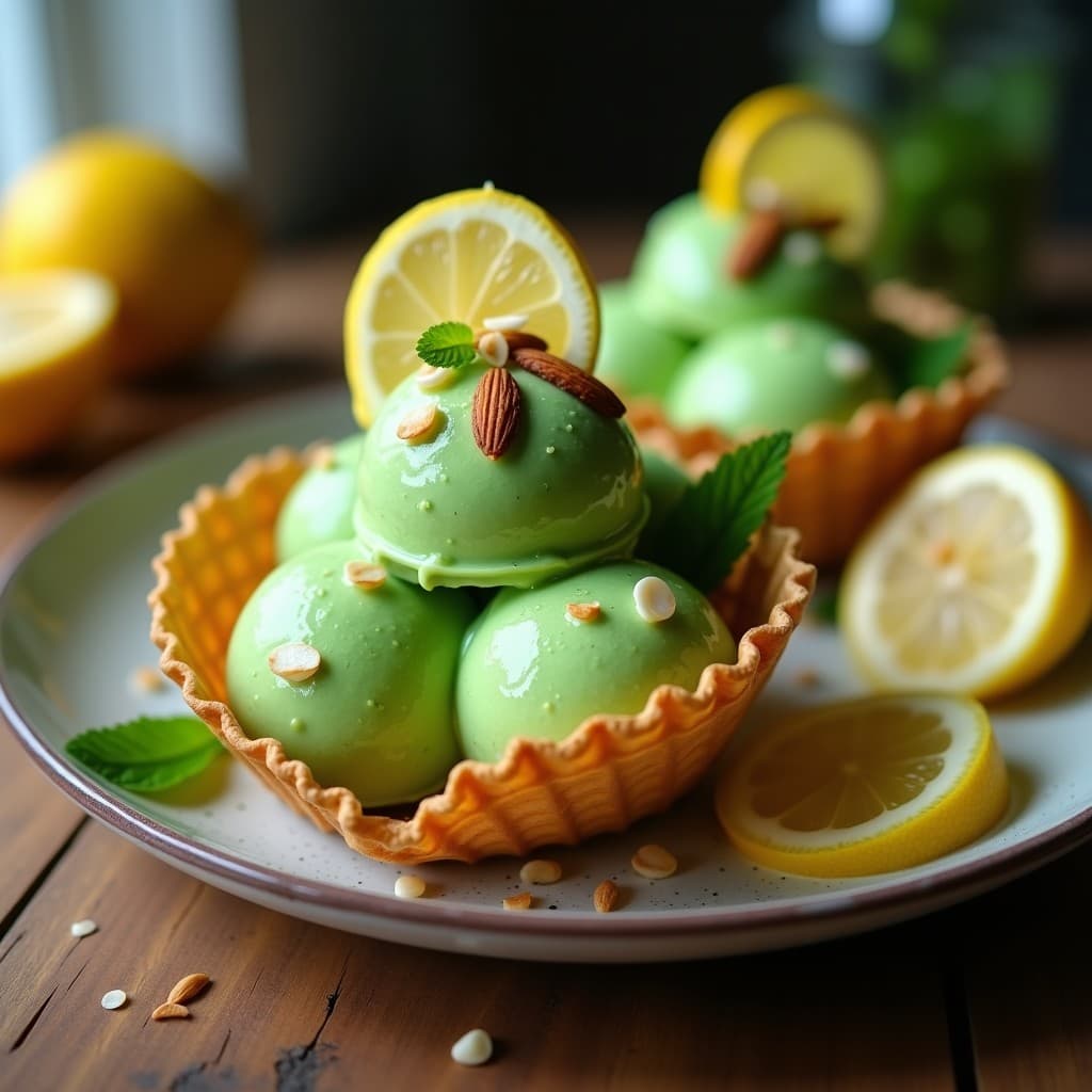 Helado de alga espirulina y limón servido en cucurucho de barquillo, con color verde intenso y trozos de almendras tostadas en la superficie. Postre vegano sin azúcar con textura cremosa y brillo natural, acompañado de rodajas de limón y hojas de menta como decoración.