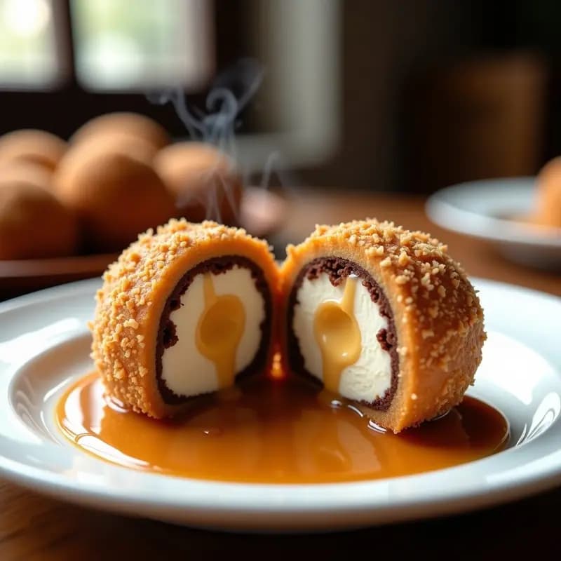 Plato blanco con helado frito dorado y crujiente, cortado por la mitad para mostrar el relleno de brownie derritiéndose y helado de vainilla frío, bañado en salsa espesa de leche condensada caliente y decorado con nueces picadas.