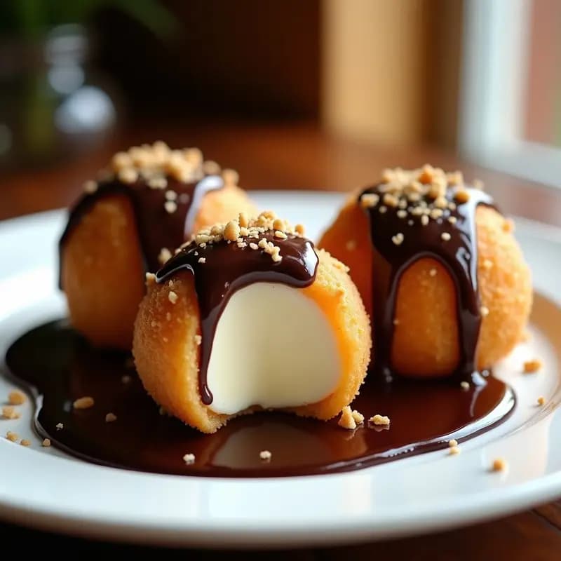 Plato blanco con 3 bolitas de helado frito doradas y crujientes, bañadas en chocolate negro brillante y espolvoreadas con trozos de virgen de canela. Fondo borroso con cobertura de chocolate derramándose.