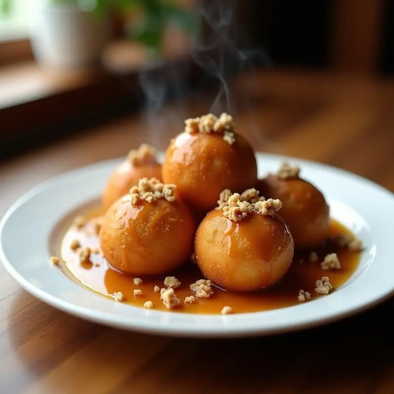 Bolas de helado frito doradas y crujientes servidas en un plato blanco, bañadas en caramelo líquido brillante y espolvoreadas con nueces tostadas troceadas. Postre caliente con contraste de frío y crujiente.