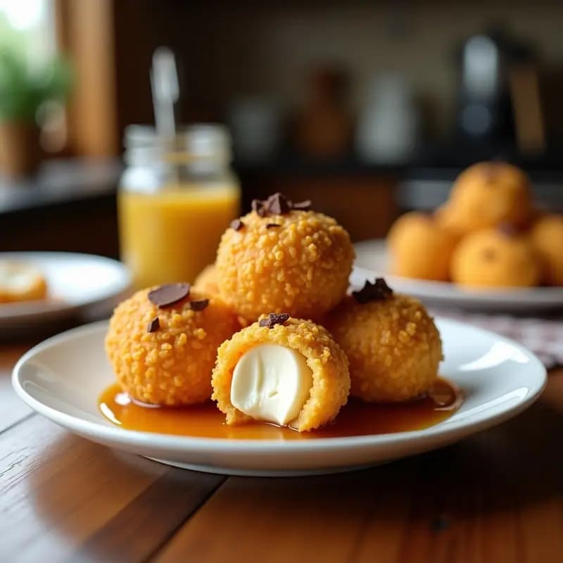 Bolas de helado de vainilla rebozadas en Corn Flakes dorados y fritos, servidas en un plato con un hilo de miel brillante y virutas de chocolate, receta crujiente de helado frito con miel.