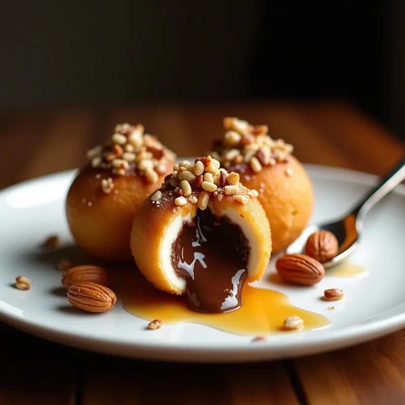 Plato blanco con dos bolas de helado frito doradas y crujientes, cortadas por la mitad para mostrar el relleno de chocolate fundido en su interior. Decorado con frutos secos caramelizados con miel y un hilo de chocolate líquido por encima. Fondo borroso con textura de mesa rústica.