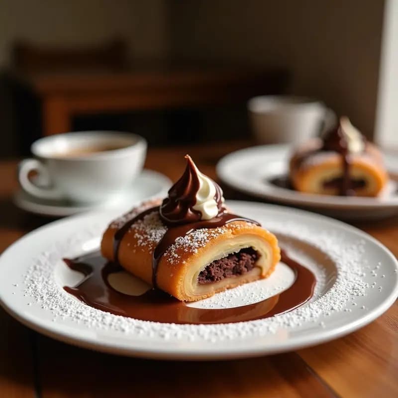Helado frito dorado con relleno de Nutella, bañado en chocolate blanco derretido y espolvoreado con virutas de avellana y azúcar glass, servido en plato blanco sobre fondo oscuro.