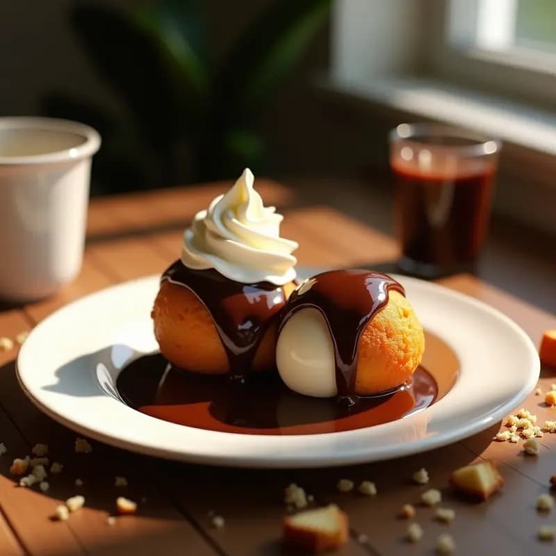 Plato blanco con dos bolas de helado frito dorado y crujiente, bañadas en salsa de chocolate caliente y coronadas con nata montada. Fondo borroso con texturas de chocolate derretido y virutas de pan tostado.