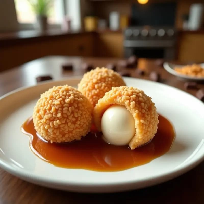Plato blanco con 3 bolas doradas de helado frito de vainilla rebozado en cereales crujientes, bañadas en sirope de caramelo espeso que gotea. Fondo borroso con virutas de chocolate y más cereales esparcidos.