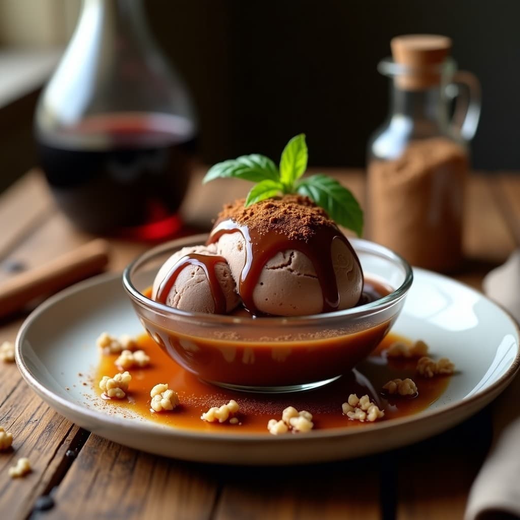 Copa de helado cremoso color marrón oscuro, servido con salsa de Oporto brillante y nueces picadas, decorado con canela en polvo sobre fondo rústico de madera, postre portugués tradicional de hego (hígado).
