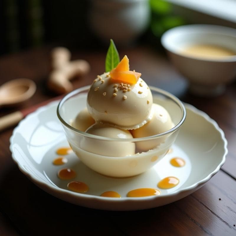 Copa de cristal transparente con helado de jengibre y miso blanco, textura cremosa y color beige claro, decorado con semillas de sésamo tostado y rodaja de jengibre confitado. Fondo minimalista con elementos japoneses como una cuchara de madera y hoja de bambú.