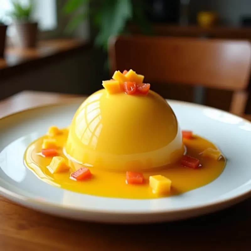 Copa de cristal alta con helado cremoso de color amarillo pálido, decorado con trozos de mango fresco y crujiente de amaranto dorado. Al fondo, ingredientes como limón verde, jengibre y cilantro sobre una mesa de madera rústica. Postre peruano sin lácteos: helado de leche de tigre y mango con crujiente de amaranto.