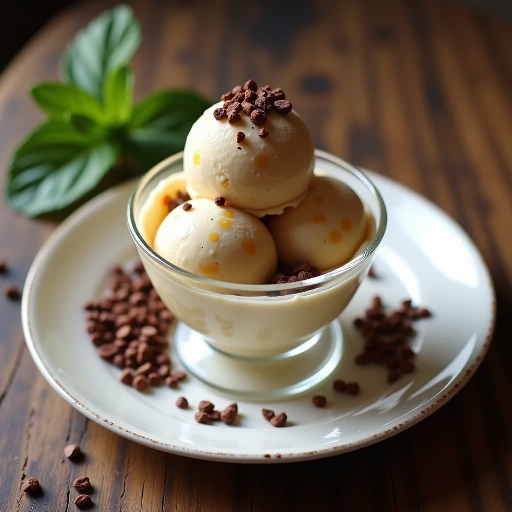 Copa de cristal transparente con helado de lucuma y cacao nibs, postre peruano vegano y sin lactosa. El helado tiene un color beige claro con vetas doradas y trozos crujientes de cacao nibs en la superficie. Fondos de hojas de menta y cacao nibs esparcidos sobre una mesa de madera rústica.
