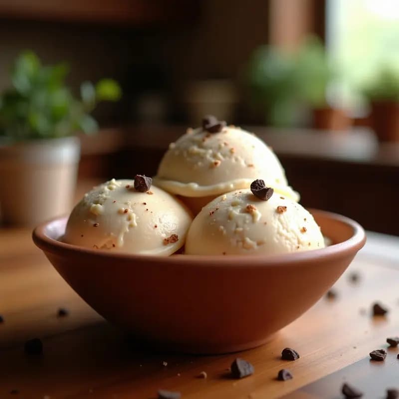 Helado cremoso de color beige claro con trozos oscuros de cacao nibs, servido en un cuenco de barro rústico sobre una mesa de madera. Postre peruano sin azúcar y alto en magnesio.