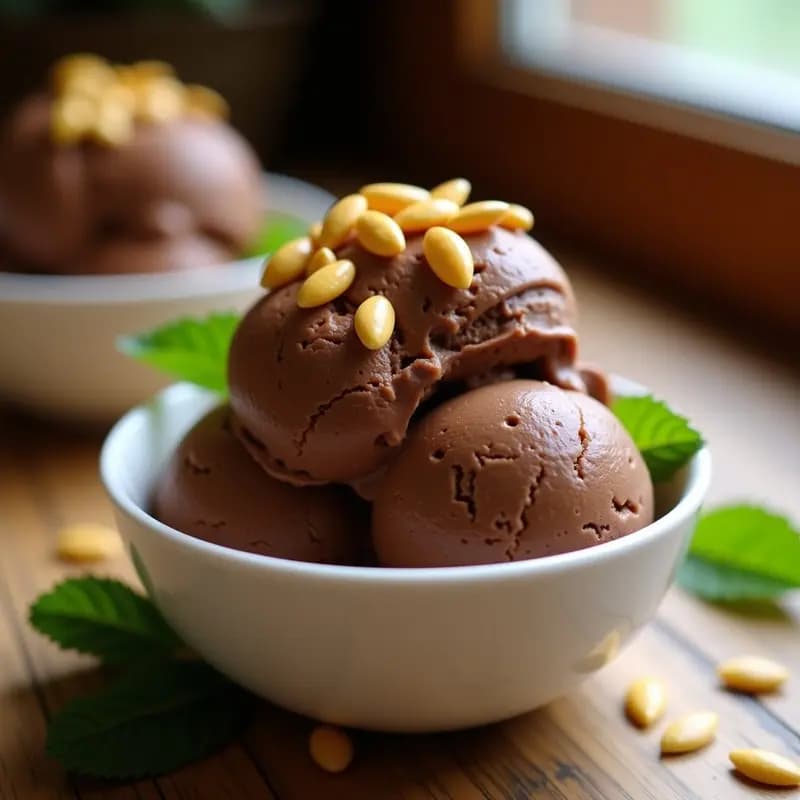 Helado de lúuma y cacao con crujiente de pepitas de calabaza servido en un cuenco de cerámica blanca, con textura cremosa y trozos dorados de pepitas tostadas por encima. Postre keto sin azúcar, con fondo de madera rústica y hojas de menta fresca como decoración.