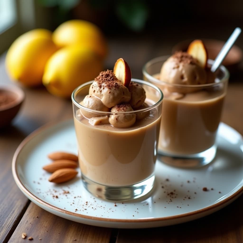 Helado cremoso de lucuma y cacao con trozos de almendra tostada, servido en copas de vidrio transparente sobre una mesa de madera. Postre peruano sin azúcar preparado en airfryer, con textura sedosa y color marrón dorado.
