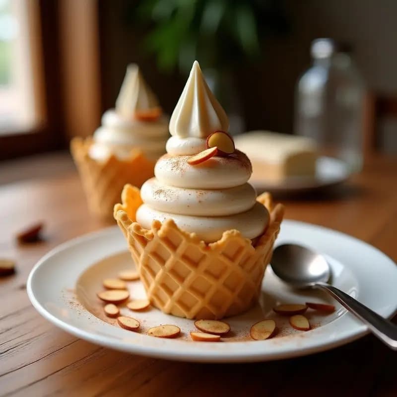 Cucurucho de helado cremoso de color beige con vetas doradas de canela, decorado con almendras fileteadas y un toque de canela en polvo por encima. Fondo rústico con textura de madera y luz natural suave.