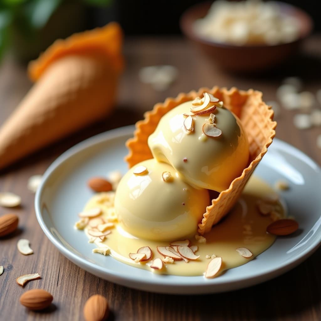 Copa de cristal transparente con helado de lúcuma y leche de avena, textura cremosa y color beige claro, decorado con almendras fileteadas tostadas y un toque de canela en polvo, fondo borroso con hoja de menta.