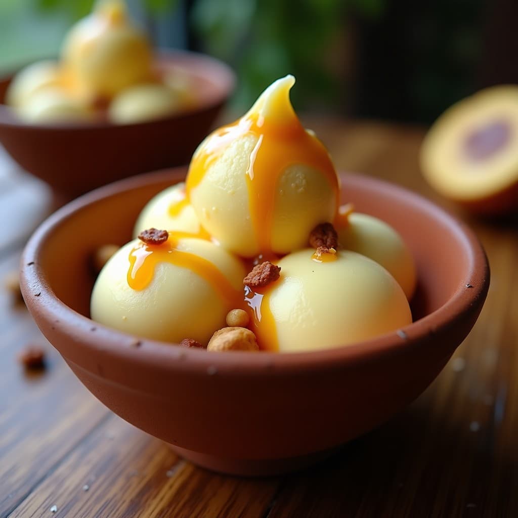 Helado cremoso de color amarillo dorado con vetas de caramelo salado y trozos de macadamia tostada, servido en un bol rústico de barro. Postre peruano vegano sin azúcar preparado en airfryer, decorado con sal marina en escamas.
